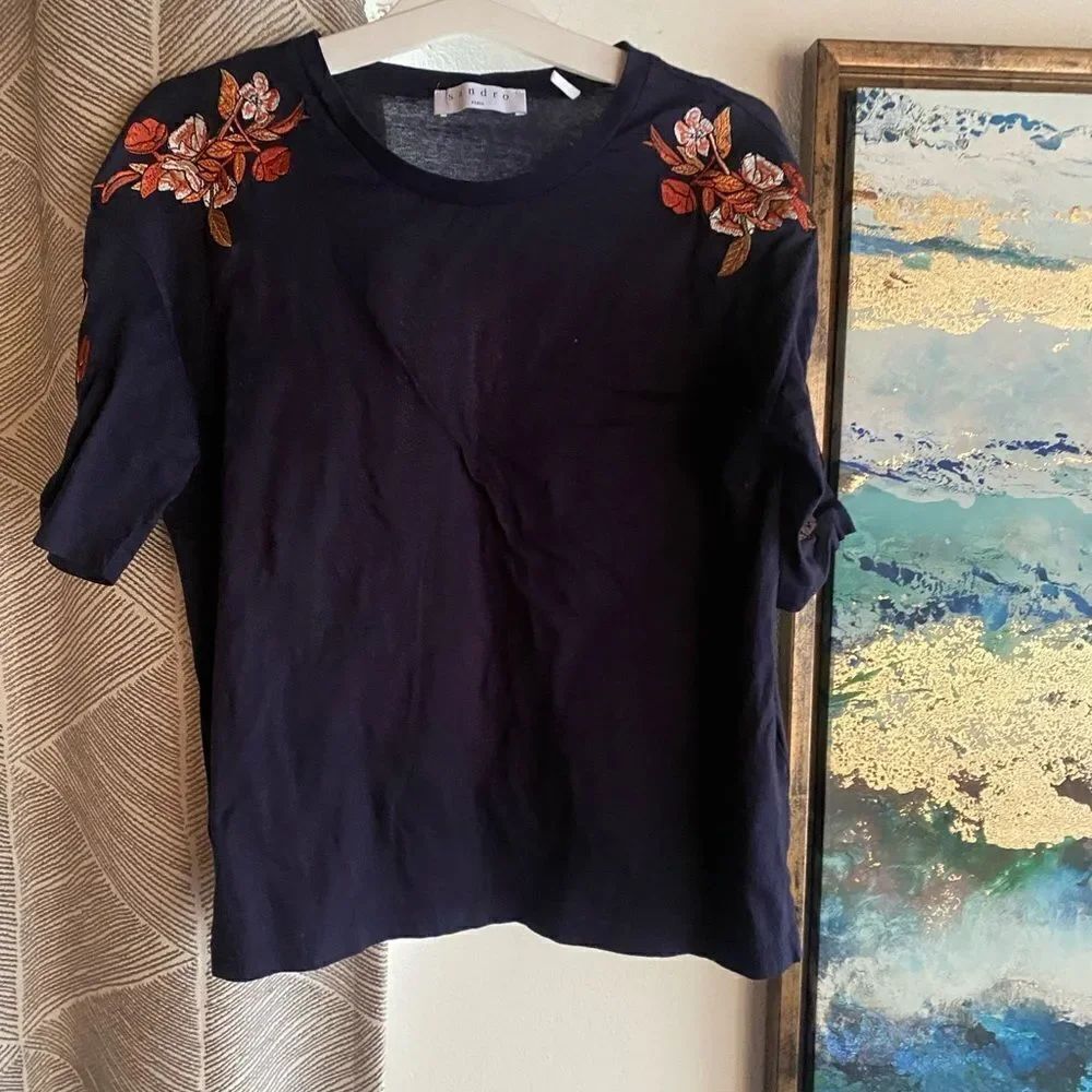 Sandro Paris T-Shirt Marine 3/4 Sleeve Embroidered Floral Top 2 Small